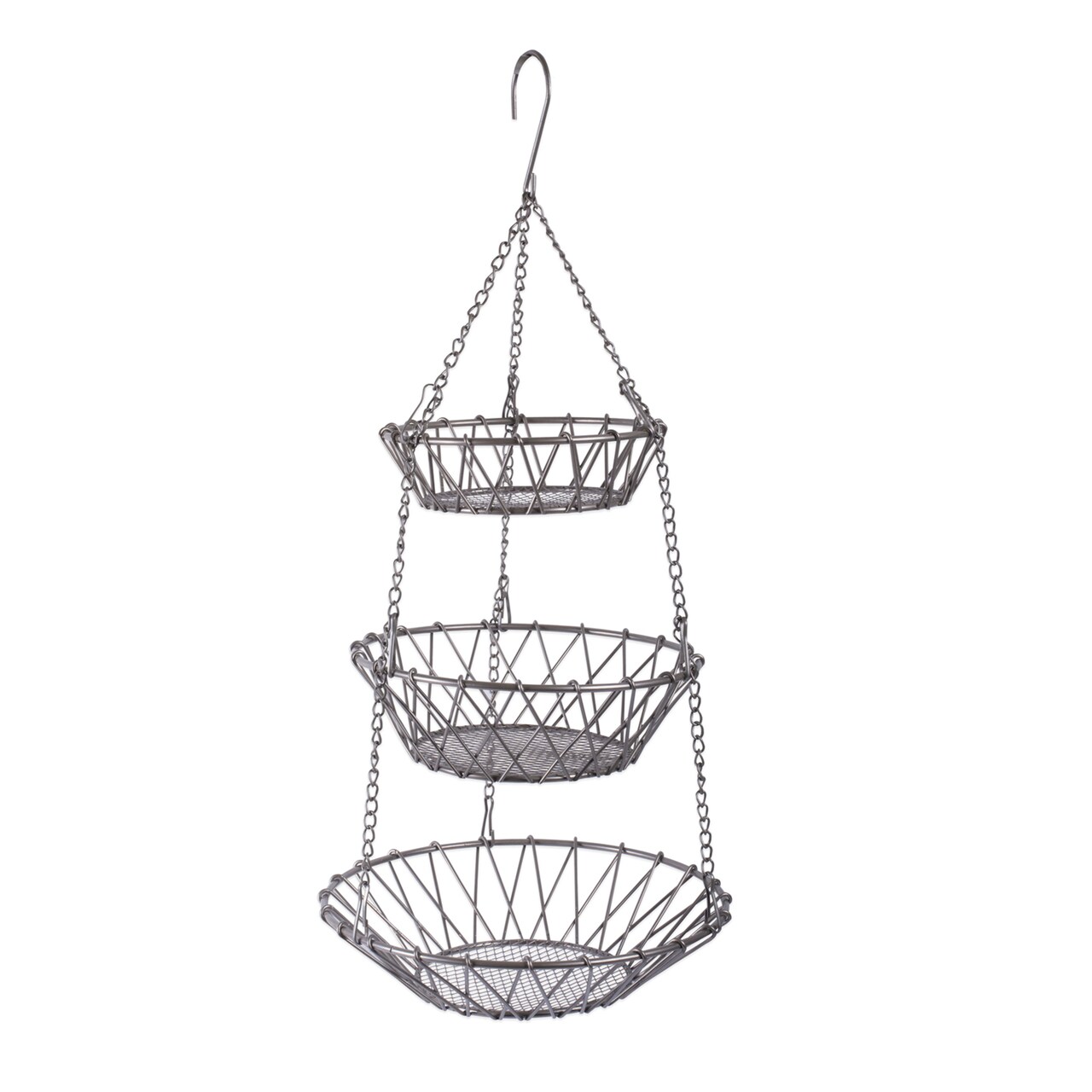 Contemporary Home Living 11" Satin Nickel 3-Tier Hanging Fruit Basket